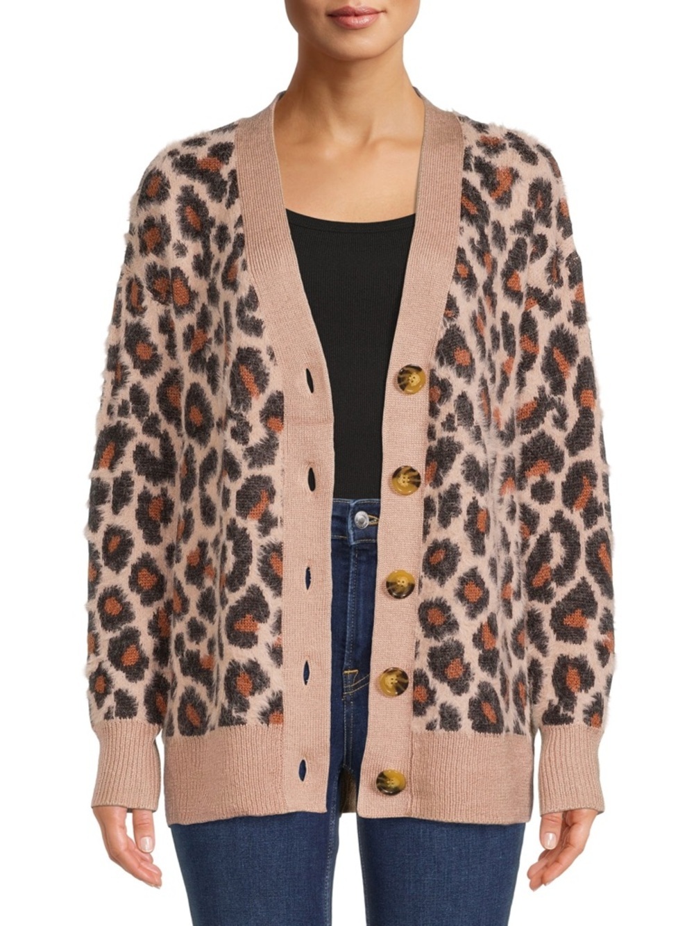 Time and Tru Women’s Super-Soft Eyelash Knit Leopard Print Button-Front Cardigan